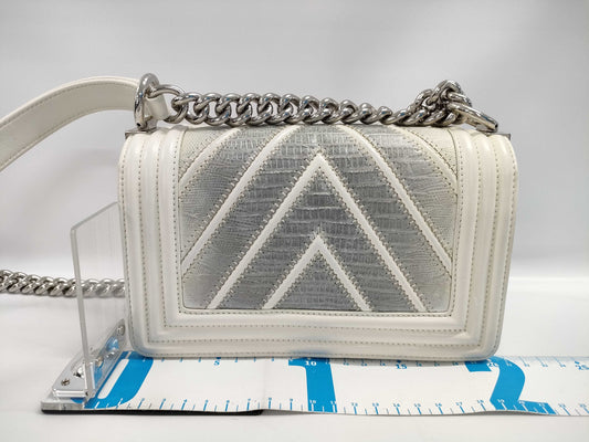 CHANEL Boy Chanel Lizard and Lambskin Shoulder Bag, White, No. 22
