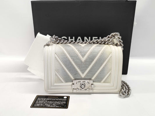 CHANEL Boy Chanel Lizard and Lambskin Shoulder Bag, White, No. 22