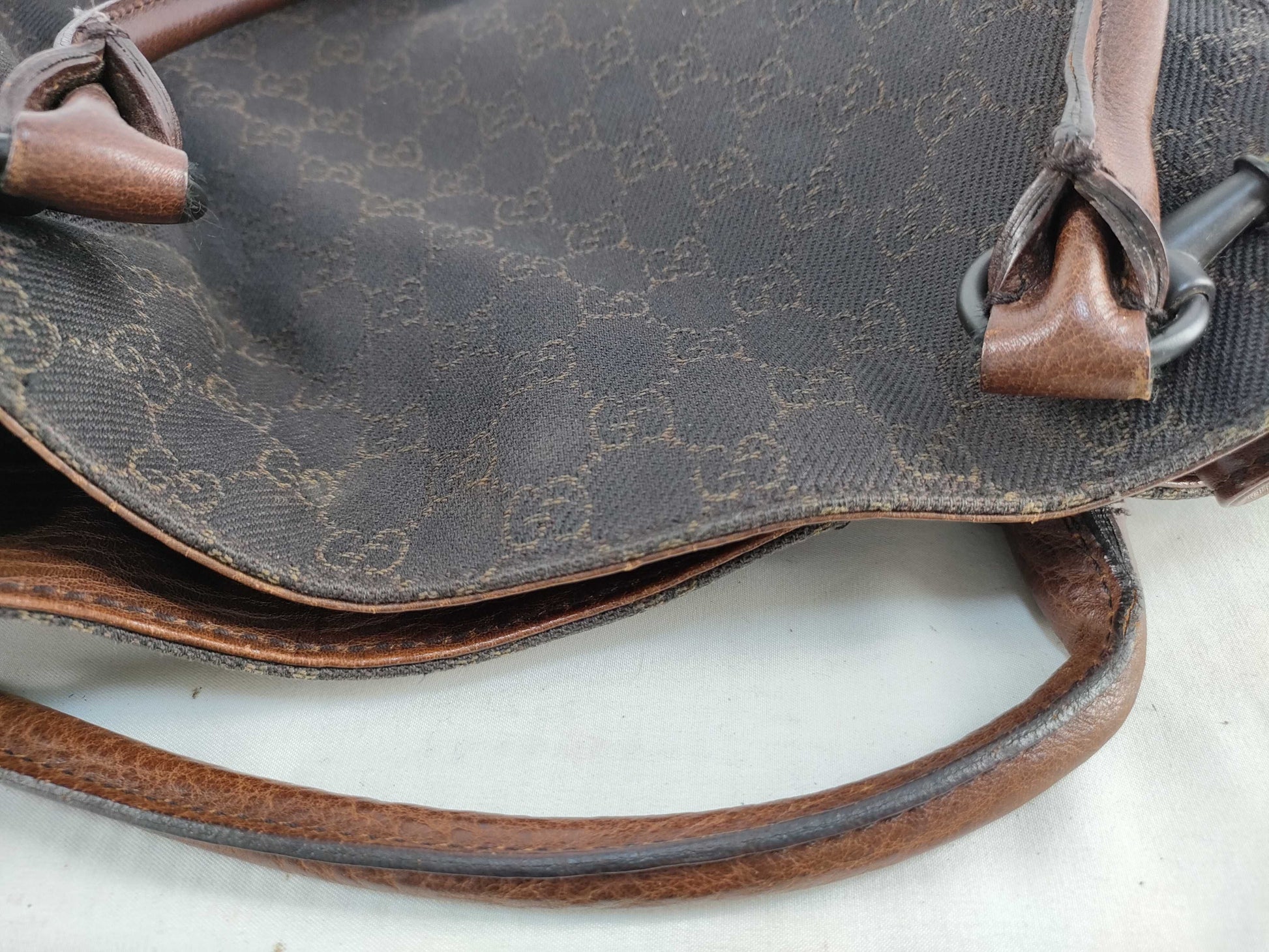 GUCCI 101971 Shoulder Bag GG Line Denim Leather Dark Brown Shoulder Bag