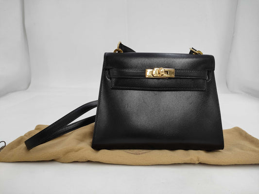 HERMES Mini Kelly Shoulder Bag in Black Box Calf Leather with Gold Hardware and Turn Lock Protection Seal