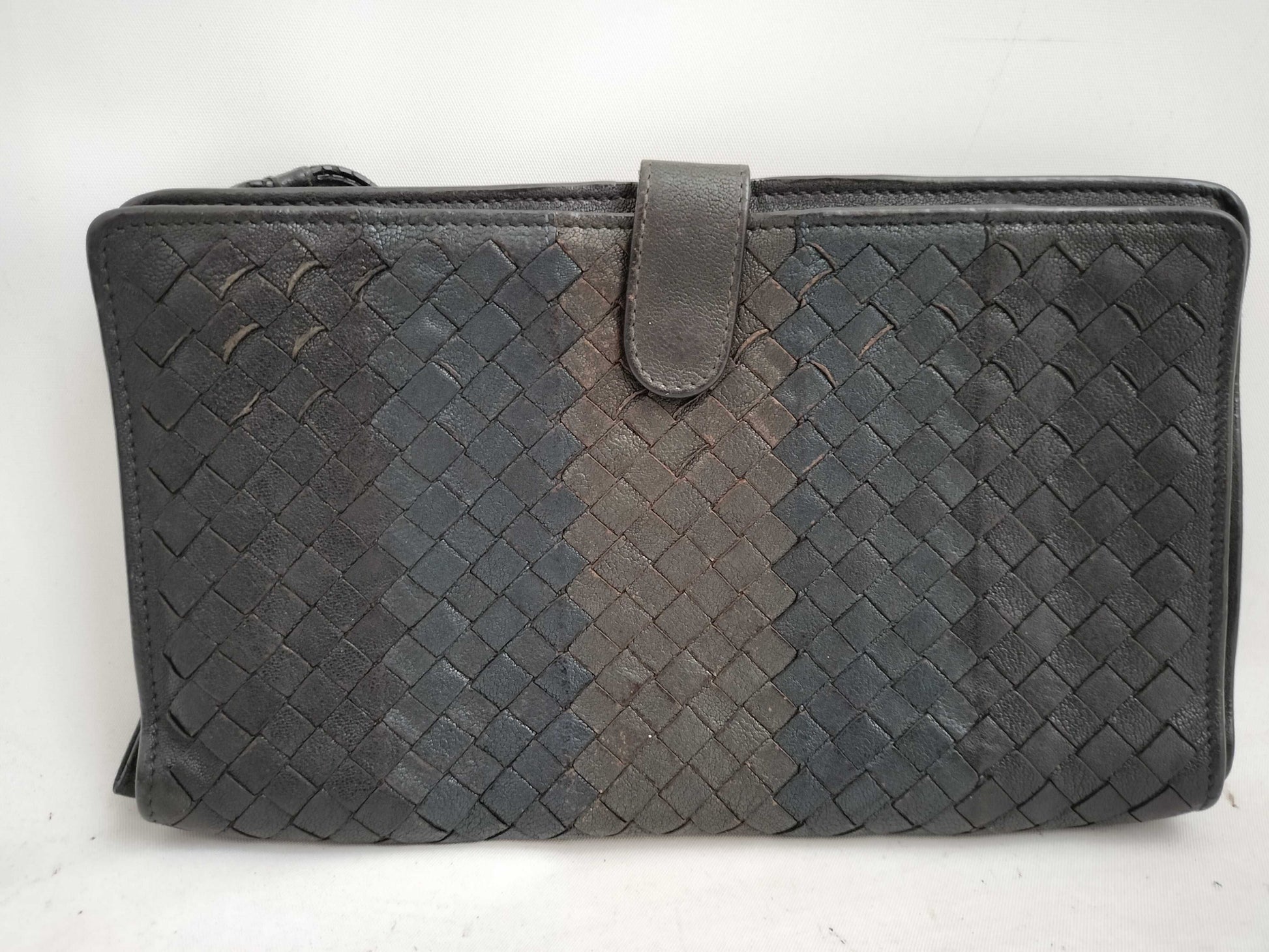 BOTTEGA VENETA Intrecciato Clutch Bag Long Wallet Leather Navy Khaki Wallet