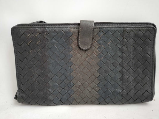 BOTTEGA VENETA Intrecciato Clutch Bag Long Wallet Leather Navy Khaki Wallet