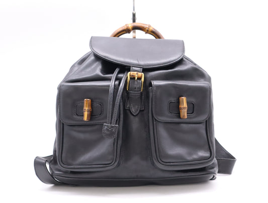 GUCCI 003.58.0016 Leather Bamboo Backpack Black Backpack