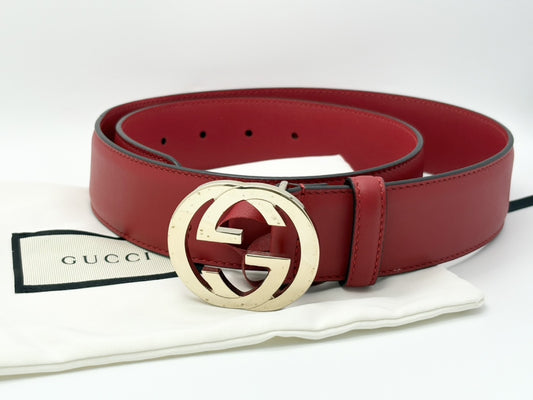 GUCCI 525040 Interlocking G Leather Belt 80/32 Leather Red Belt