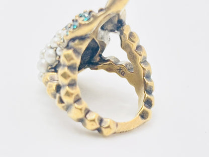 GUCCI Flower and Fruit Bijou Rhinestone and Faux Pearl Ring #XS Color Stone Green Ring