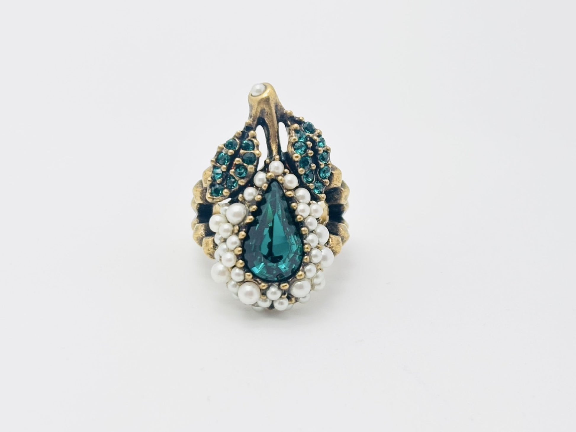 GUCCI Flower and Fruit Bijou Rhinestone and Faux Pearl Ring #XS Color Stone Green Ring