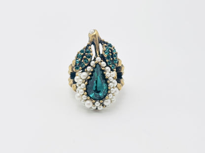 GUCCI Flower and Fruit Bijou Rhinestone and Faux Pearl Ring #XS Color Stone Green Ring