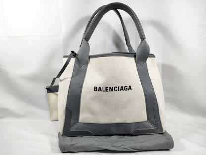 BALENCIAGA Navy Cabas Canvas and Leather Tote Bag, Black and White, 339936, Handbag