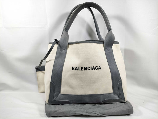 BALENCIAGA Navy Cabas Canvas and Leather Tote Bag, Black and White, 339936, Handbag