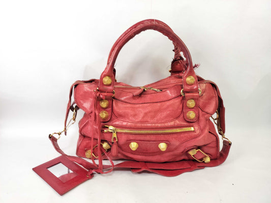 BALENCIAGA The Giant City Leather 2-Way Handbag, Red, 173084, Frayed.