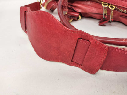 BALENCIAGA The Giant City Leather 2-Way Handbag, Red, 173084, Frayed.