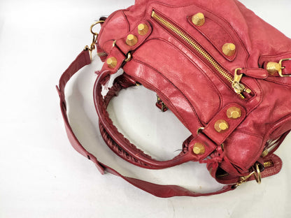 BALENCIAGA The Giant City Leather 2-Way Handbag, Red, 173084, Frayed.