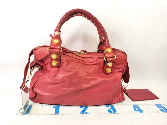 BALENCIAGA The Giant City Leather 2-Way Handbag, Red, 173084, Frayed.