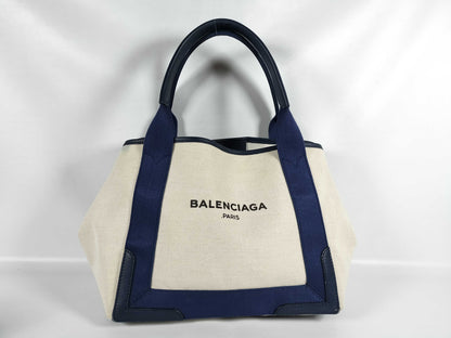 BALENCIAGA Navy Cabas Canvas and Leather Handbag, Beige and Navy, 339933 Tote Bag