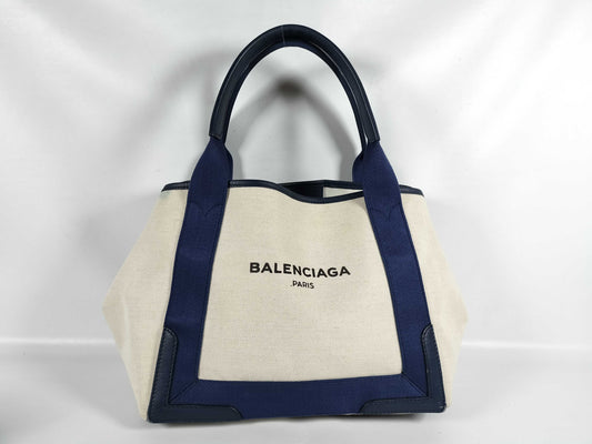 BALENCIAGA Navy Cabas Canvas and Leather Handbag, Beige and Navy, 339933 Tote Bag