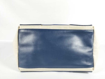 BALENCIAGA Navy Cabas Canvas and Leather Handbag, Beige and Navy, 339933 Tote Bag