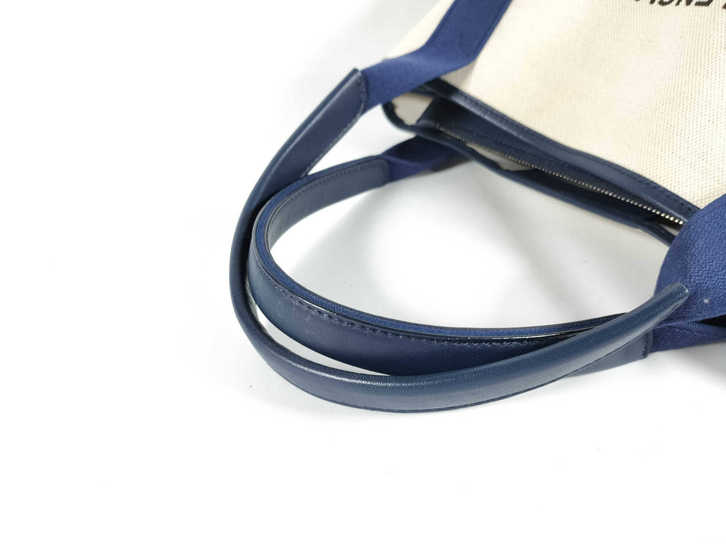 BALENCIAGA Navy Cabas Canvas and Leather Handbag, Beige and Navy, 339933 Tote Bag