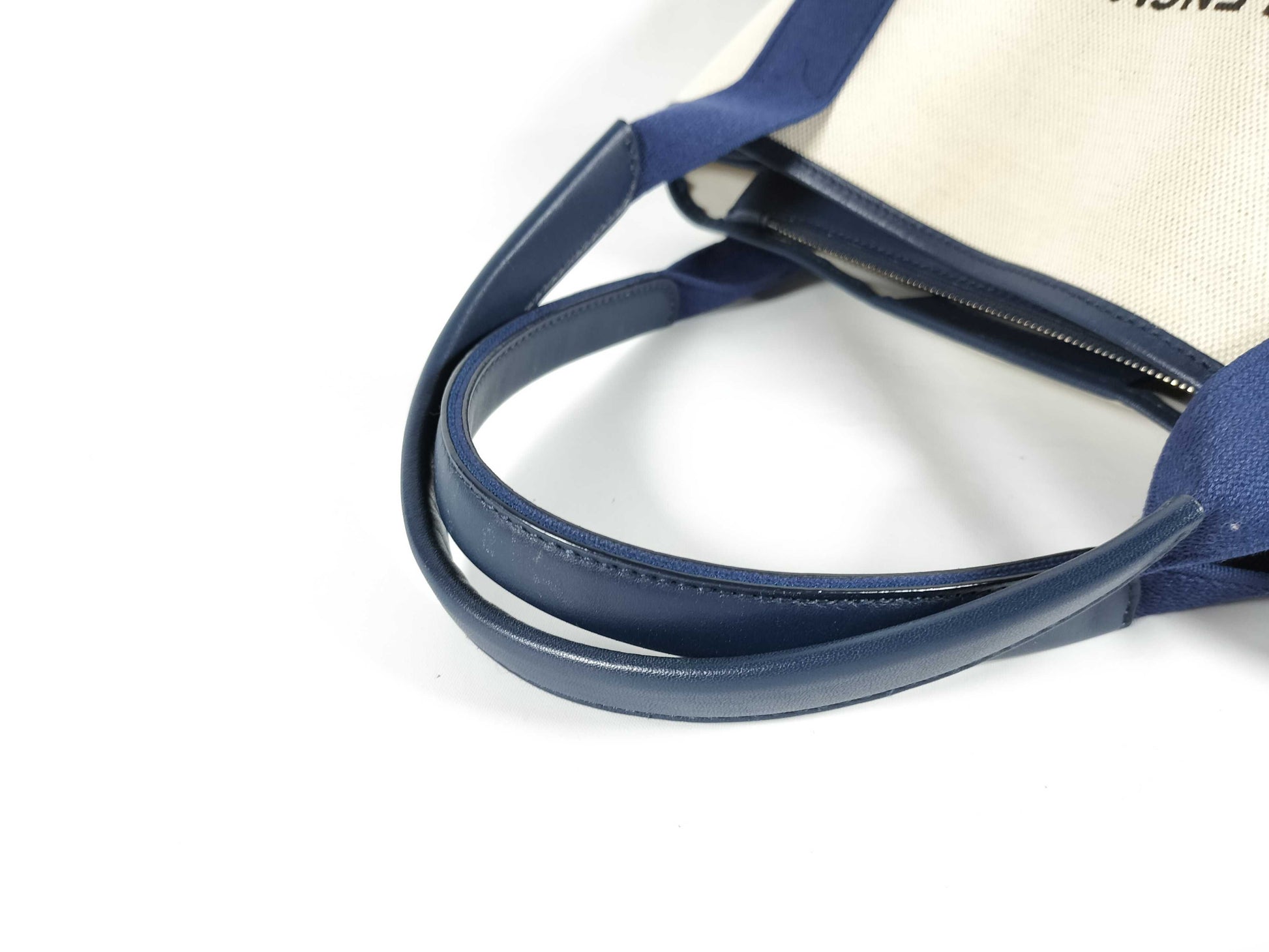 BALENCIAGA Navy Cabas Canvas and Leather Handbag, Beige and Navy, 339933 Tote Bag