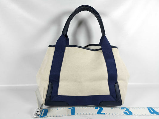 BALENCIAGA Navy Cabas Canvas and Leather Handbag, Beige and Navy, 339933 Tote Bag
