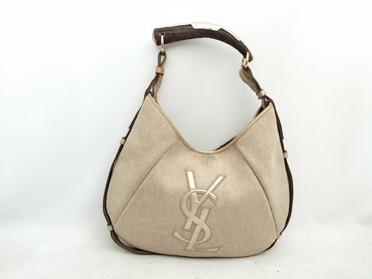 Yves Saint Laurent Mombasa Canvas and Horn Handbag 135202/002122 Beige Shoulder Bag