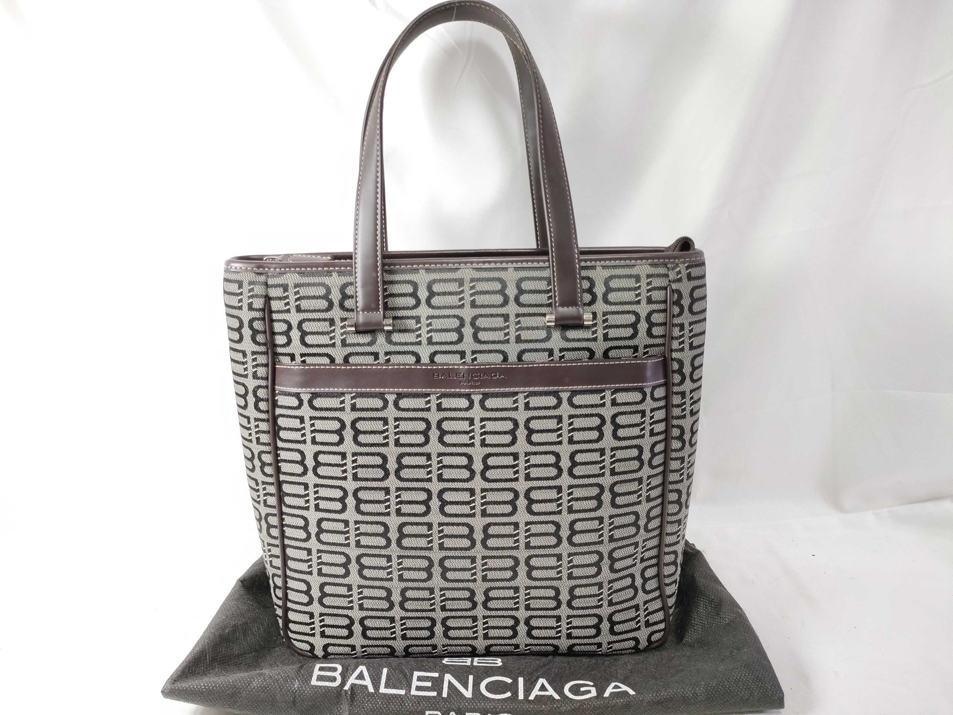 BALENCIAGA Canvas and Leather Handbag Brown and Black Tote Bag
