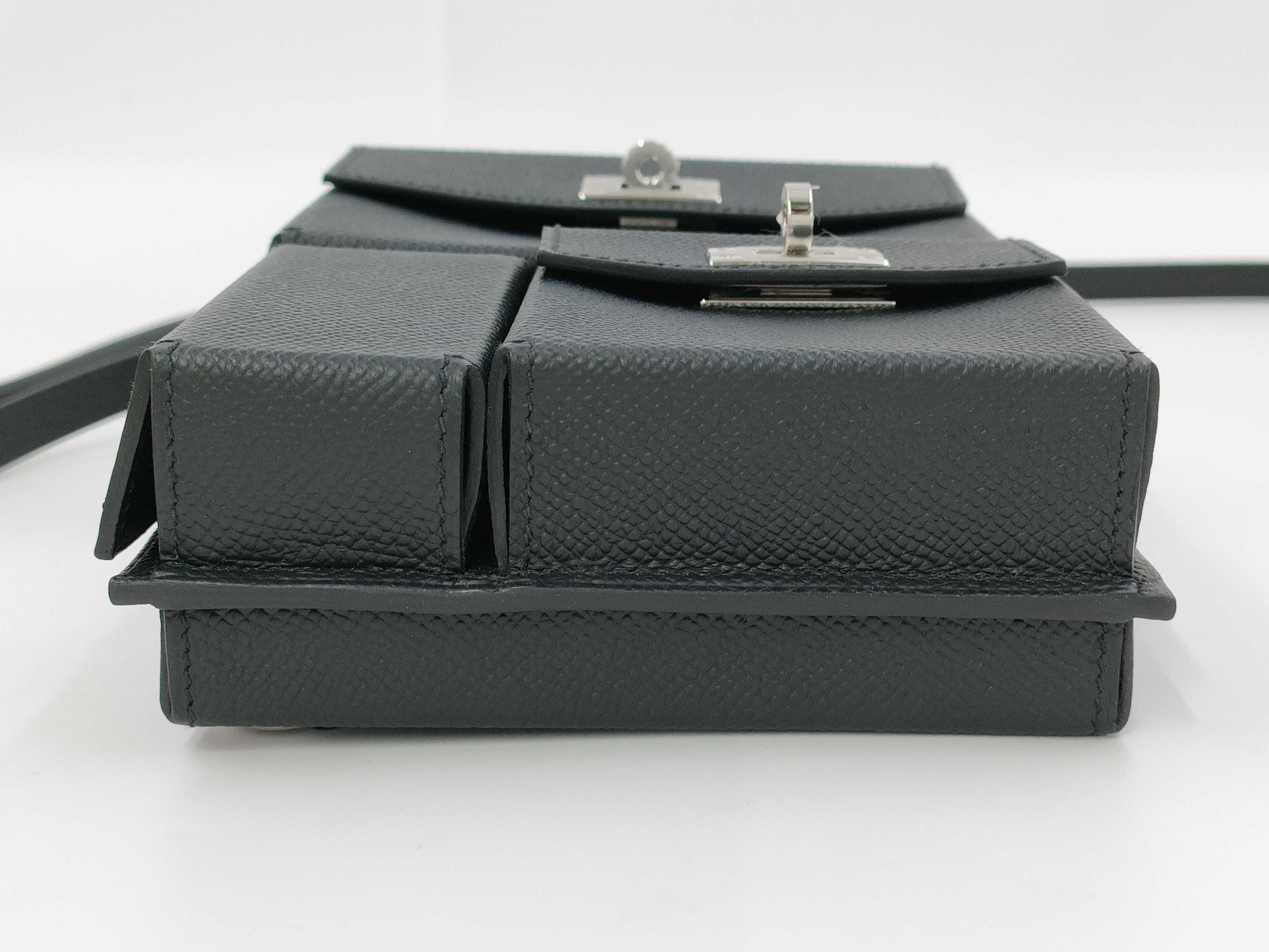 HERMES Kelly Multi-Pocket To-Go Shoulder Bag in Epsom Noir with Silver Hardware and Silver-Tone W Stamp