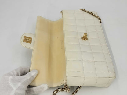 CHANEL Chocobar East West Lambskin Chain Shoulder Bag, White, No. 7