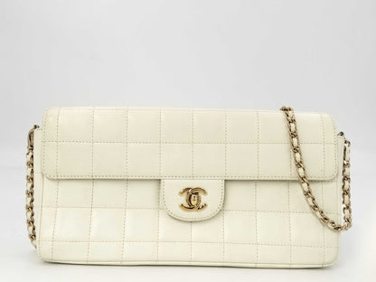 CHANEL Chocobar East West Lambskin Chain Shoulder Bag, White, No. 7