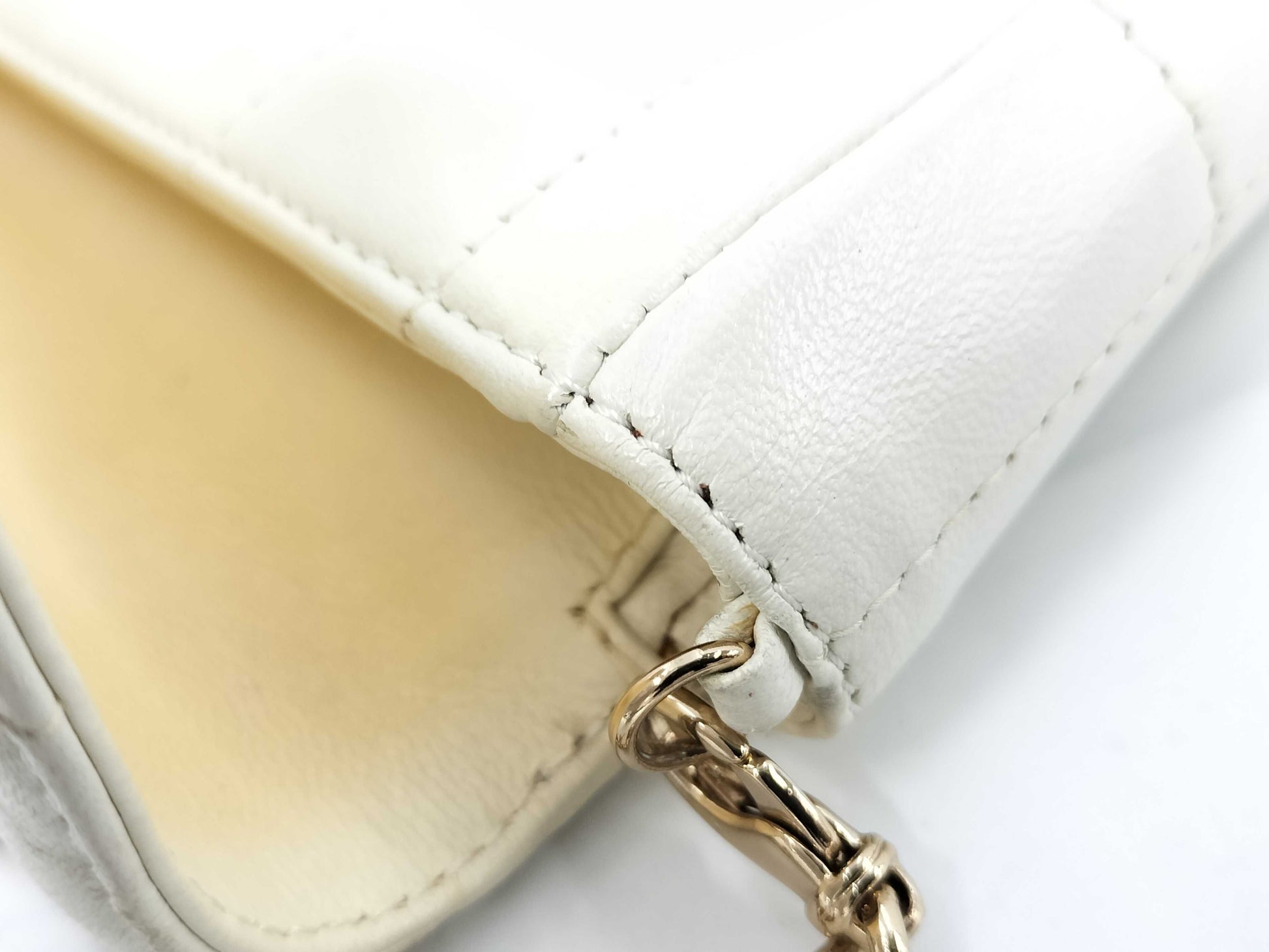 CHANEL Chocobar East West Lambskin Chain Shoulder Bag, White, No. 7