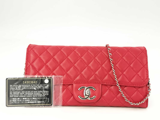 CHANEL Matelasse East West Lambskin Chain Wallet, Red, No. 14, Shoulder Bag