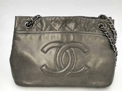 CHANEL Caviar Leather Matelasse Chain Tote Bag with Silver Hardware, Shoulder Bag, Tote Bag