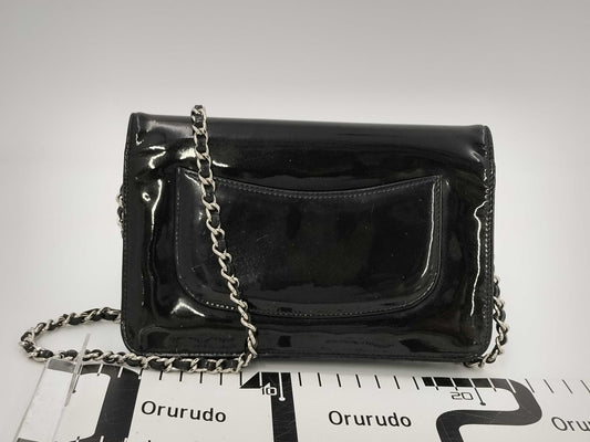 CHANEL Patent Leather Coco Mark Chain Wallet Black Shoulder Bag