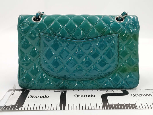 CHANEL Matelasse 25 Patent Leather Double Flap Double Chain Bag, Blue, Silver Hardware, 19485210, 19th Series, A01112