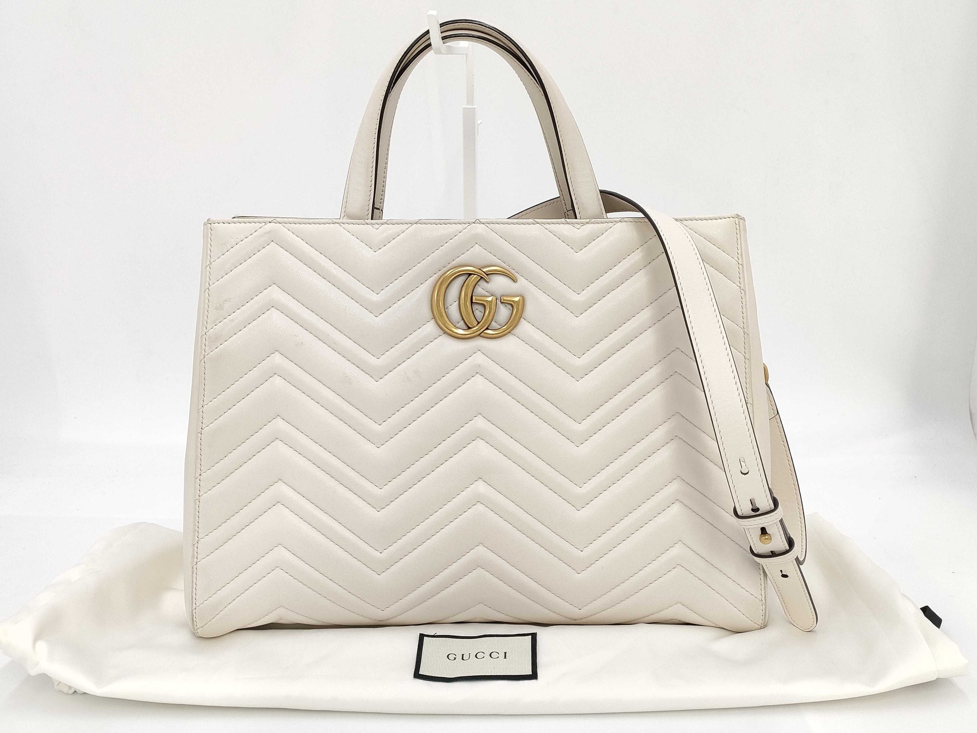 GUCCI GG Marmont 2-way Leather Bag, White, 443505, Handbag