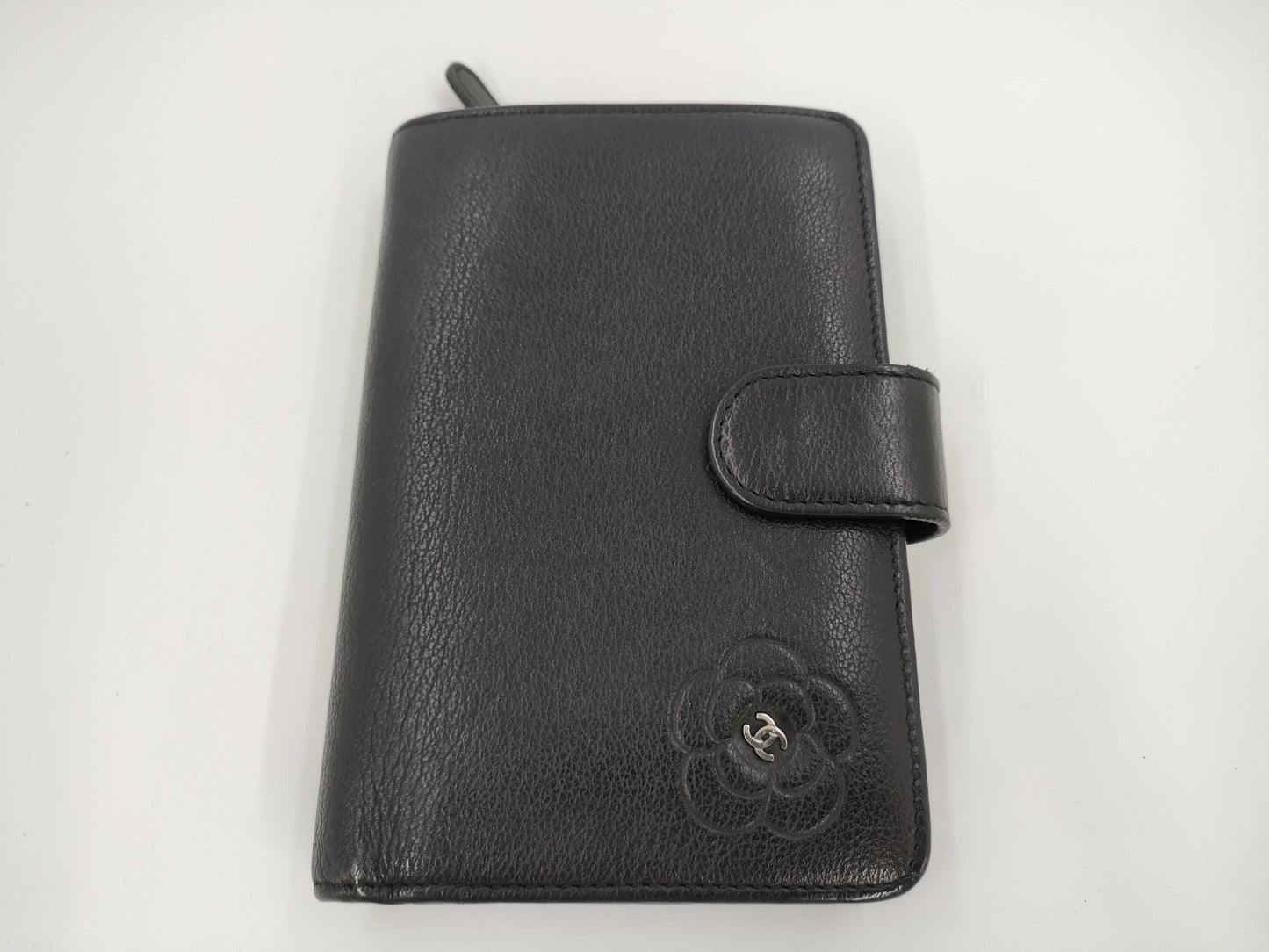 CHANEL Butterfly Camellia Bifold Wallet, Leather, Silver Hardware, Black, 15883725