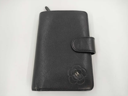 CHANEL Butterfly Camellia Bifold Wallet, Leather, Silver Hardware, Black, 15883725