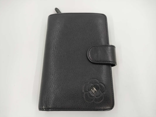 CHANEL Butterfly Camellia Bifold Wallet, Leather, Silver Hardware, Black, 15883725