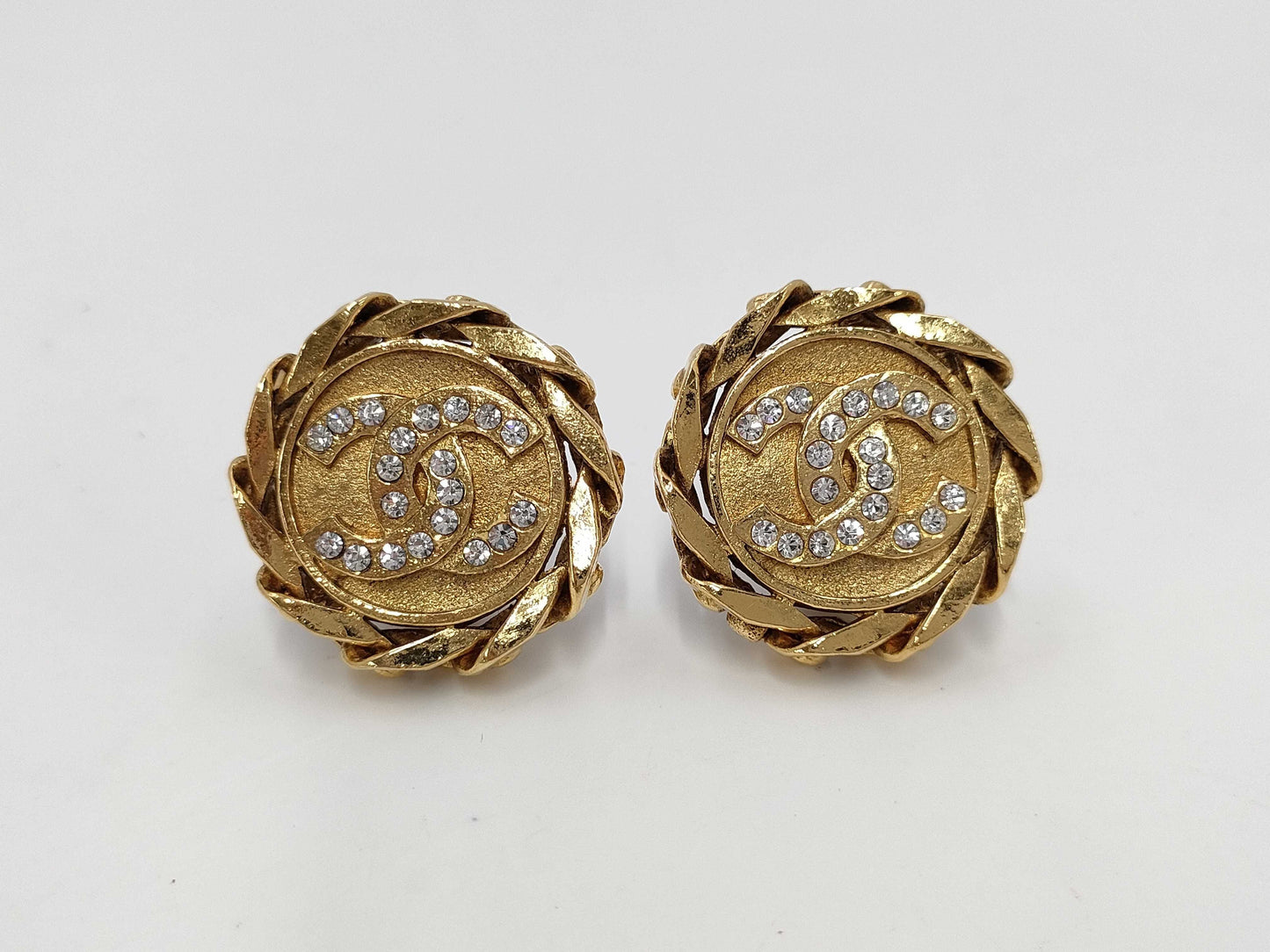 CHANEL Coco Mark Rhinestone Gold Yg Earrings