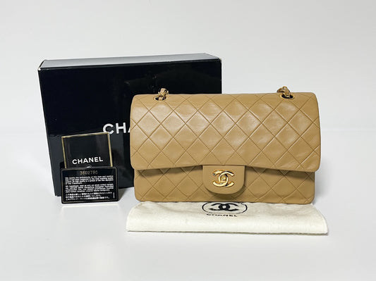 CHANEL Double Flap Matelasse Beige Lambskin Shoulder Bag with Seal
