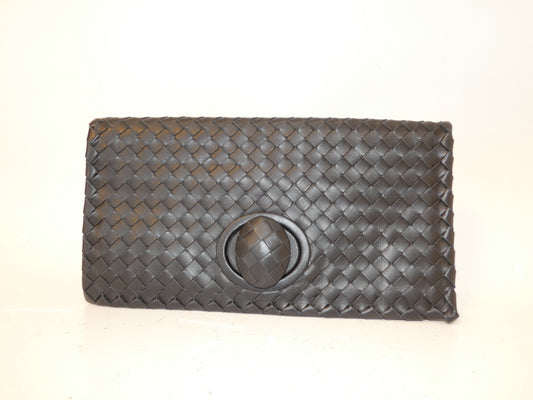 BOTTEGA VENETA Turnlock Intrecciato Black Leather Clutch Bag