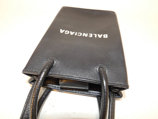 BALENCIAGA Shopping Phone Holder Leather Black Shoulder Bag
