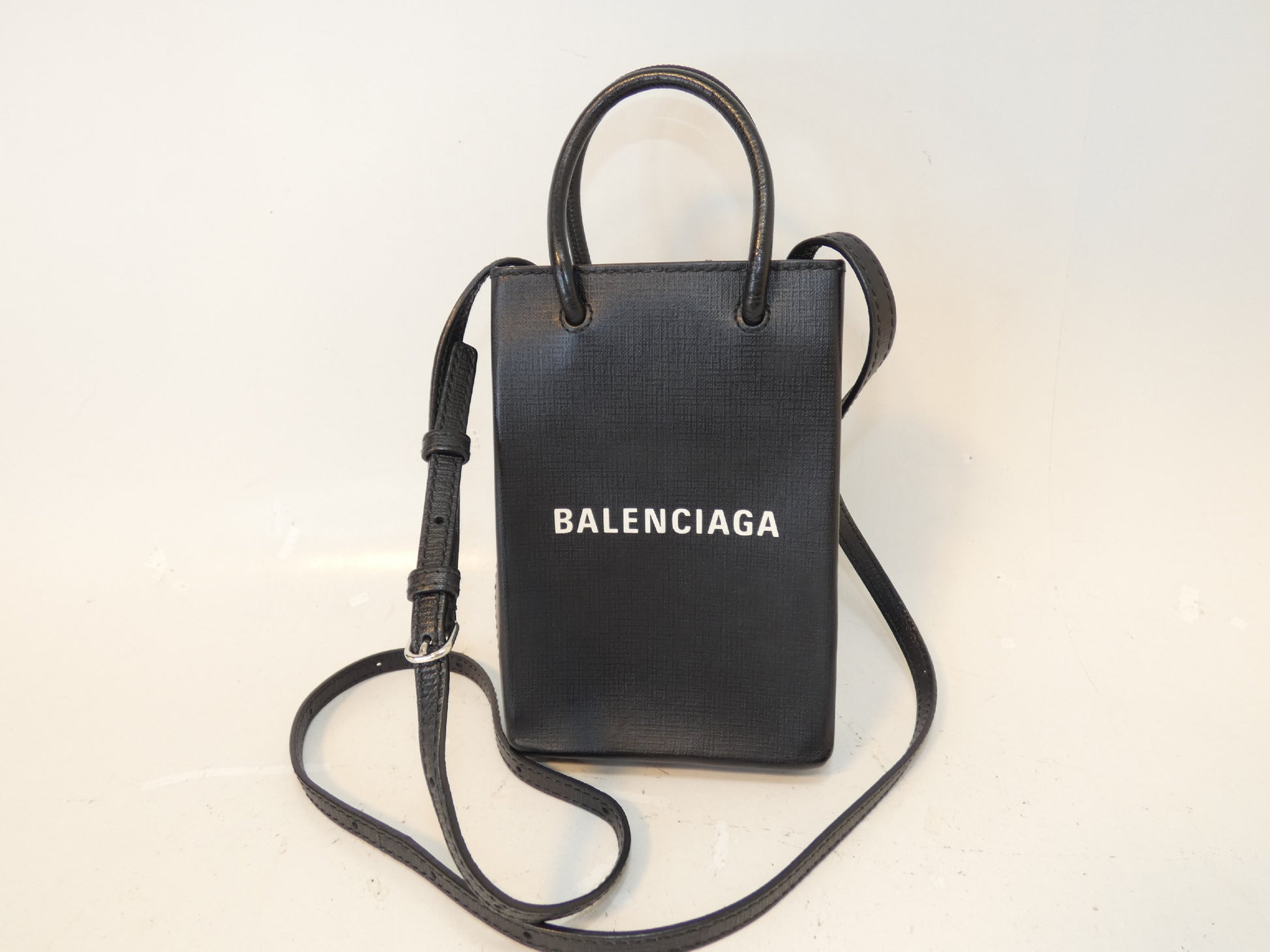 BALENCIAGA Shopping Phone Holder Leather Black Shoulder Bag