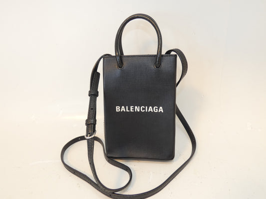 BALENCIAGA Shopping Phone Holder Leather Black Shoulder Bag