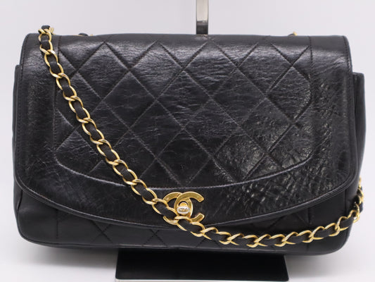 CHANEL Diana 24 Lambskin Matelasse Shoulder Bag with Small Flap, Small Chain, Gold Hardware, Black Seal, 2523221