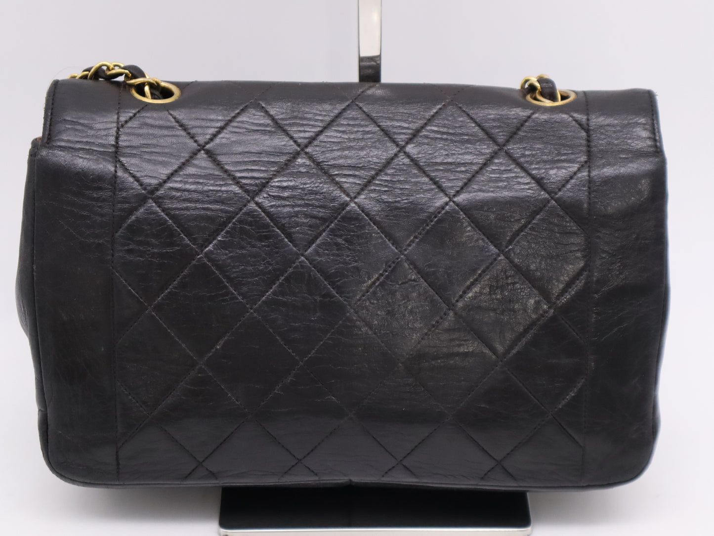 CHANEL Diana 24 Lambskin Matelasse Shoulder Bag with Small Flap, Small Chain, Gold Hardware, Black Seal, 2523221