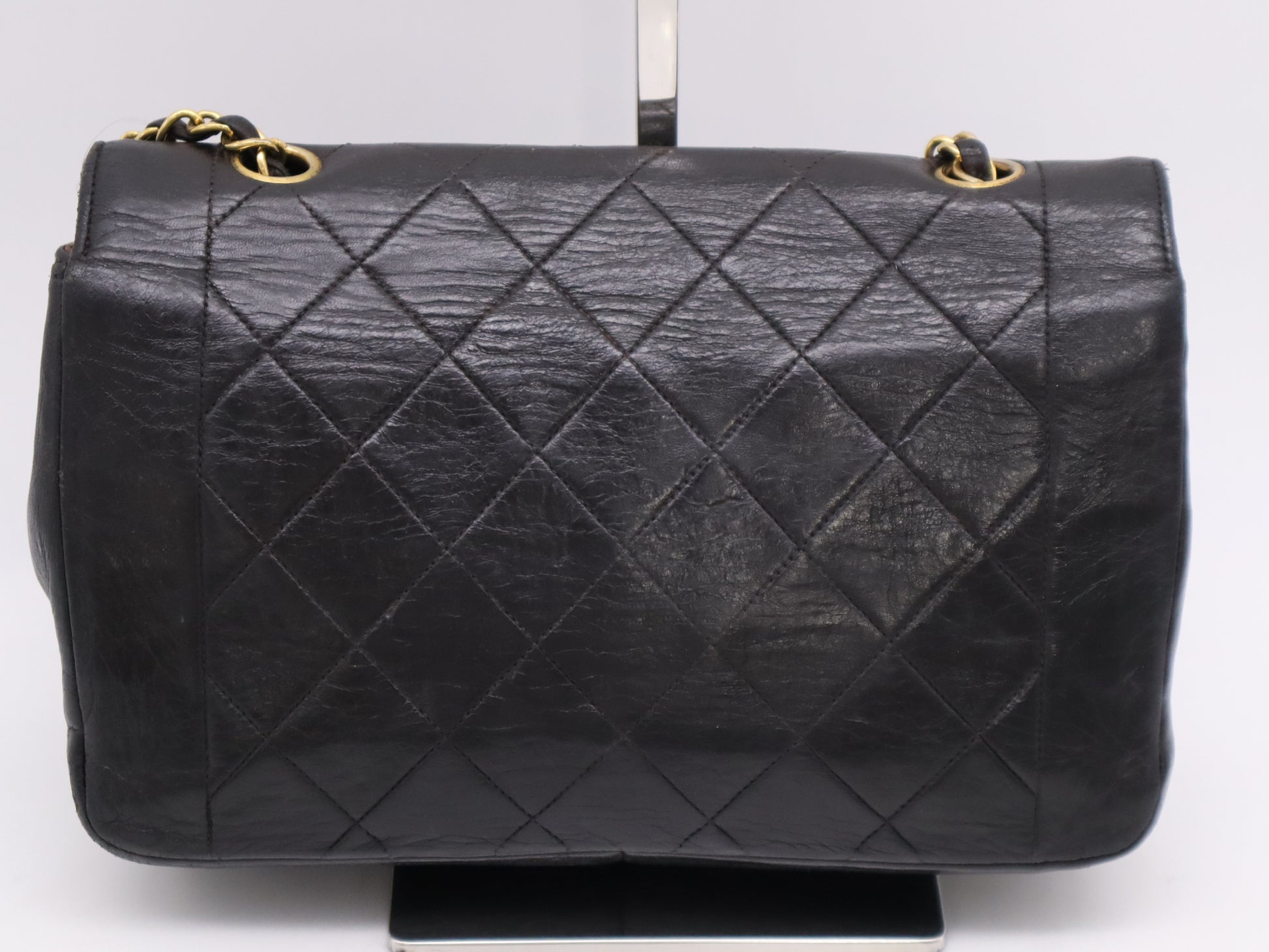 CHANEL Diana 24 Lambskin Matelasse Shoulder Bag with Small Flap, Small Chain, Gold Hardware, Black Seal, 2523221