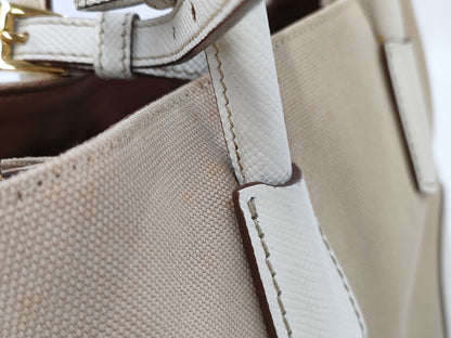 PRADA BN2887 Canapa x Saffiano 2-Way Tote Bag with Triangular Plate, Beige and Ivory, Includes Guarantee, Strap, and Dust Bag