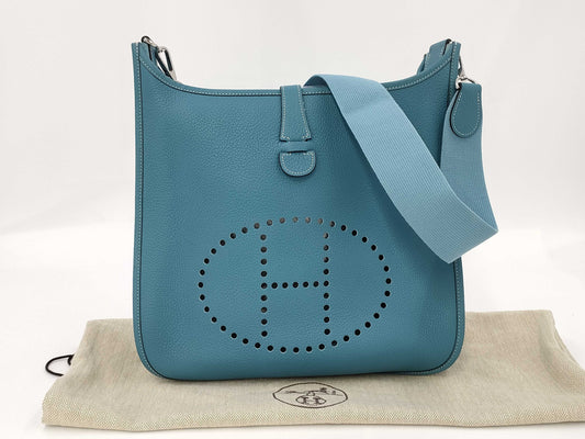 HERMES Evelyn GM Shoulder Bag, K Stamp, 2007, Taurillon Leather, Silver Hardware, Blue, Strap and Dust Bag Included