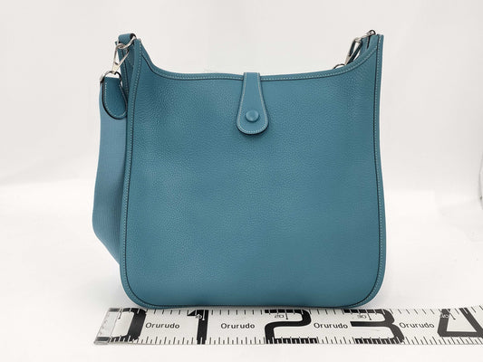 HERMES Evelyn GM Shoulder Bag, K Stamp, 2007, Taurillon Leather, Silver Hardware, Blue, Strap and Dust Bag Included