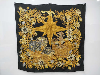 HERMES Silk Carré 90 PASSIFLORES Black Gold Scarf